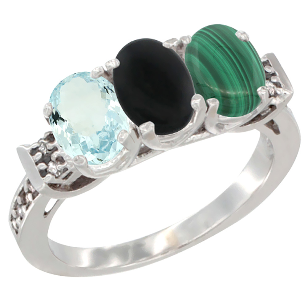 14K White Gold Natural Aquamarine, Black Onyx & Malachite Ring 3-Stone Oval 7x5 mm Diamond Accent, sizes 5 - 10