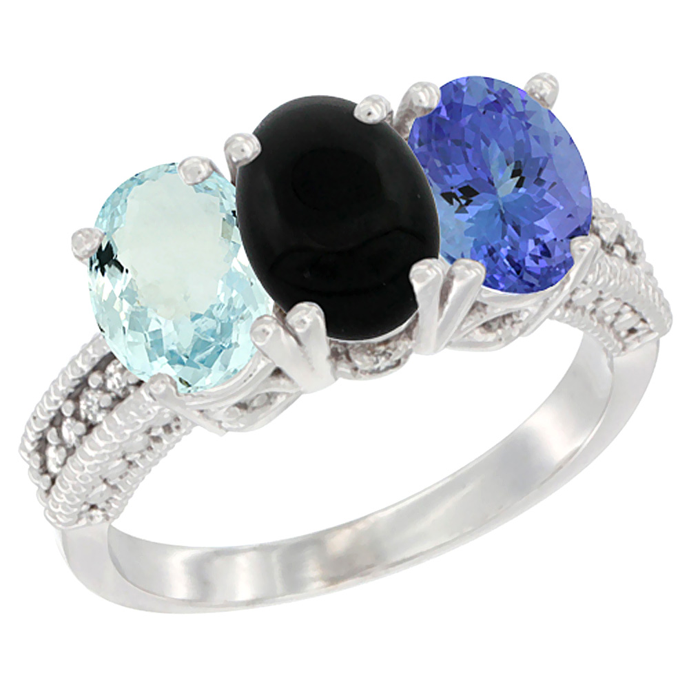 14K White Gold Natural Aquamarine, Black Onyx &amp; Tanzanite Ring 3-Stone Oval 7x5 mm Diamond Accent, sizes 5 - 10