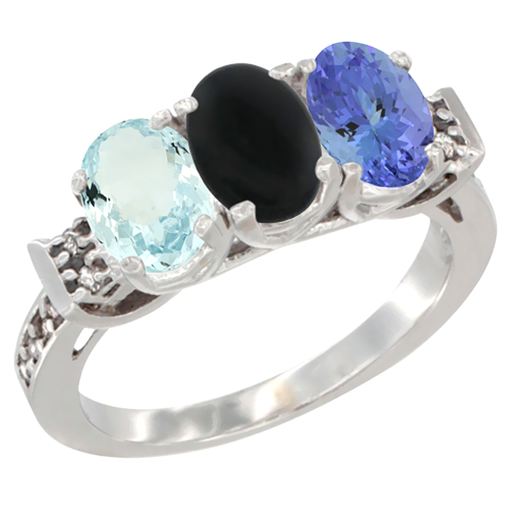 14K White Gold Natural Aquamarine, Black Onyx & Tanzanite Ring 3-Stone Oval 7x5 mm Diamond Accent, sizes 5 - 10