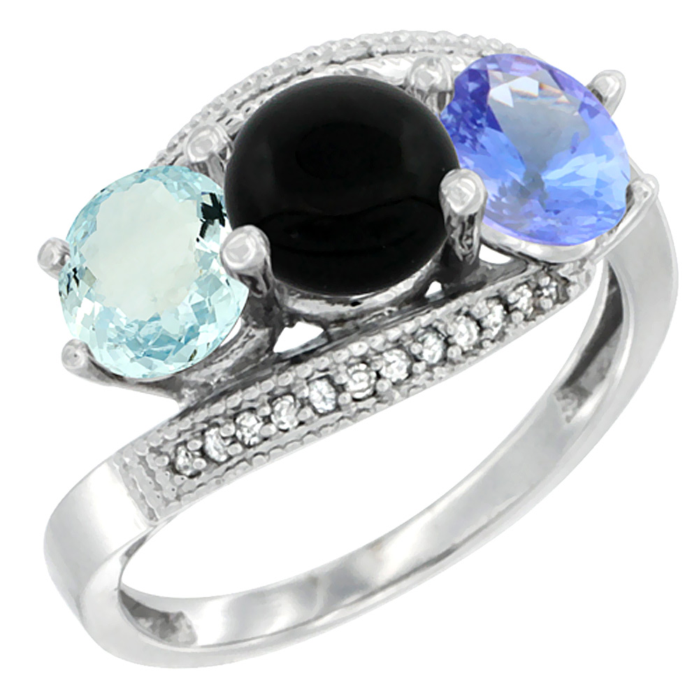 14K White Gold Natural Aquamarine, Black Onyx &amp; Tanzanite 3 stone Ring Round 6mm Diamond Accent, sizes 5 - 10