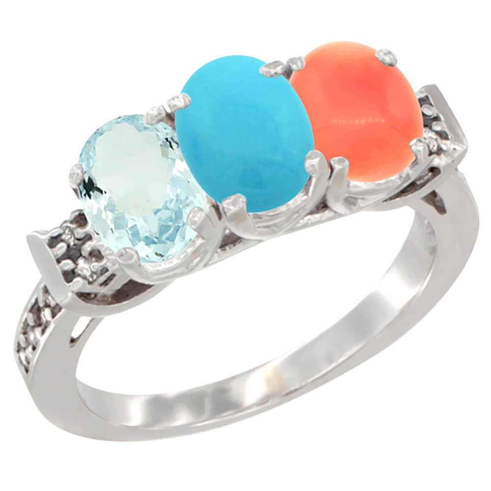 10K White Gold Natural Aquamarine, Turquoise &amp; Coral Ring 3-Stone Oval 7x5 mm Diamond Accent, sizes 5 - 10