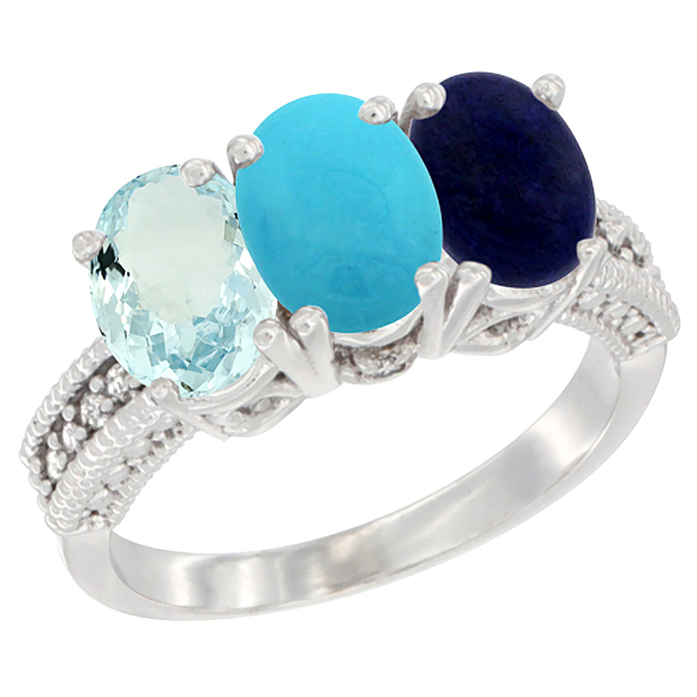 14K White Gold Natural Aquamarine, Turquoise &amp; Lapis Ring 3-Stone Oval 7x5 mm Diamond Accent, sizes 5 - 10