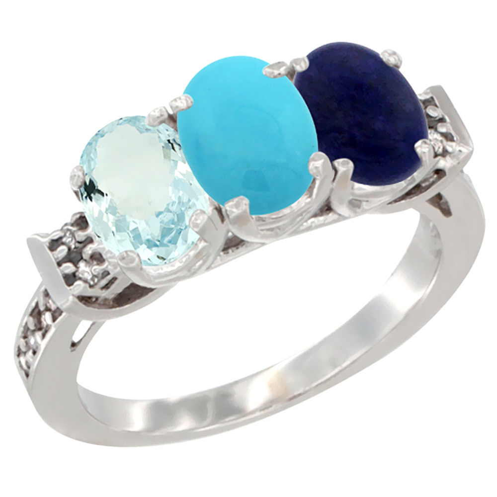 14K White Gold Natural Aquamarine, Turquoise & Lapis Ring 3-Stone Oval 7x5 mm Diamond Accent, sizes 5 - 10