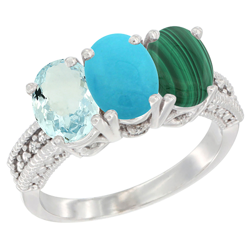 10K White Gold Natural Aquamarine, Turquoise &amp; Malachite Ring 3-Stone Oval 7x5 mm Diamond Accent, sizes 5 - 10