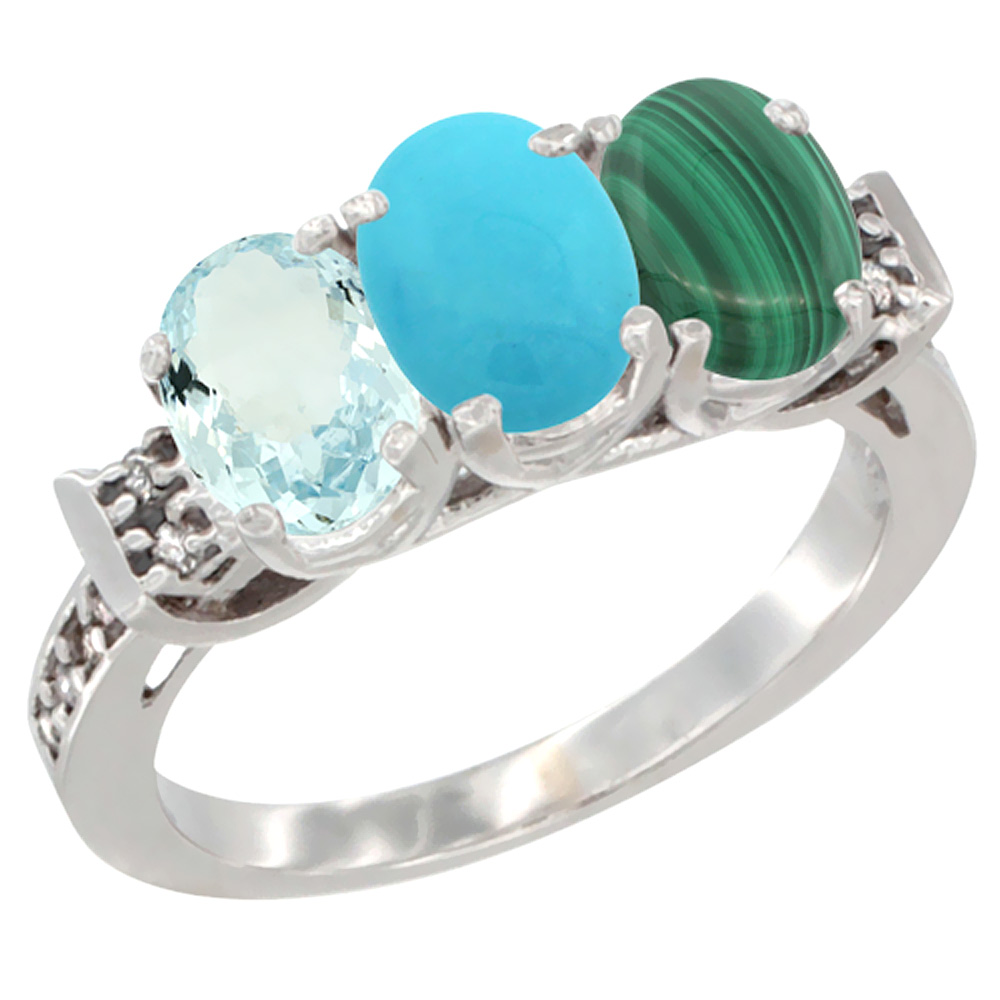 14K White Gold Natural Aquamarine, Turquoise & Malachite Ring 3-Stone Oval 7x5 mm Diamond Accent, sizes 5 - 10