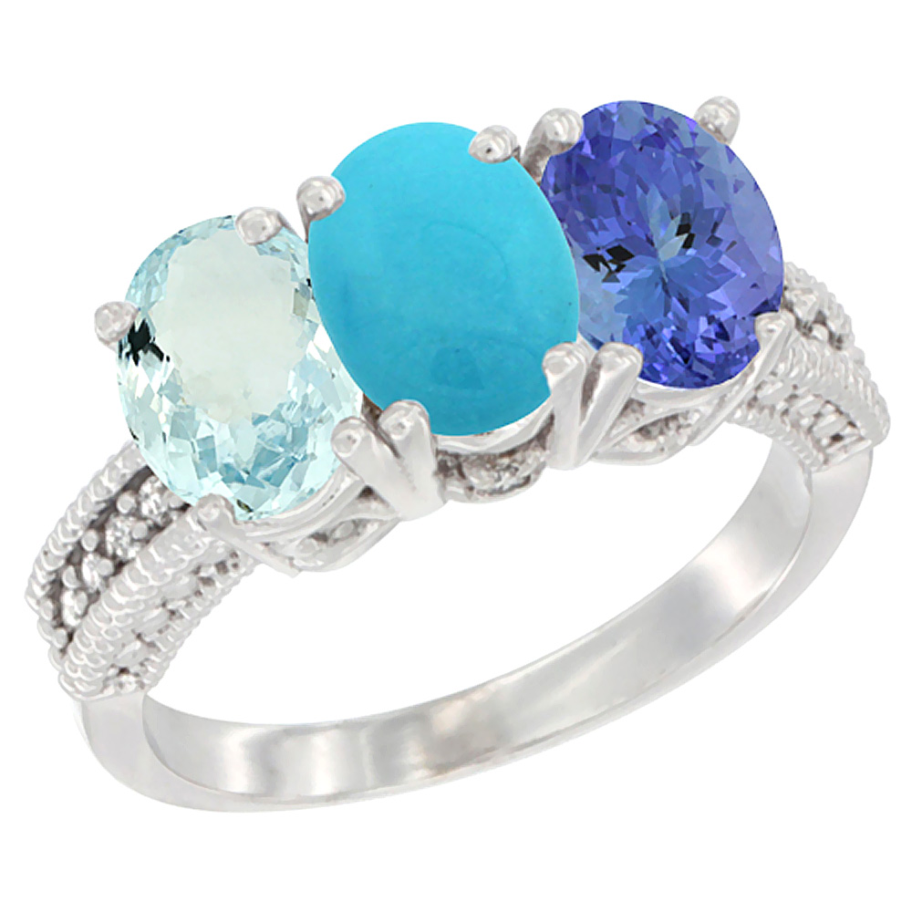 10K White Gold Natural Aquamarine, Turquoise & Tanzanite Ring 3-Stone Oval 7x5 mm Diamond Accent, sizes 5 - 10