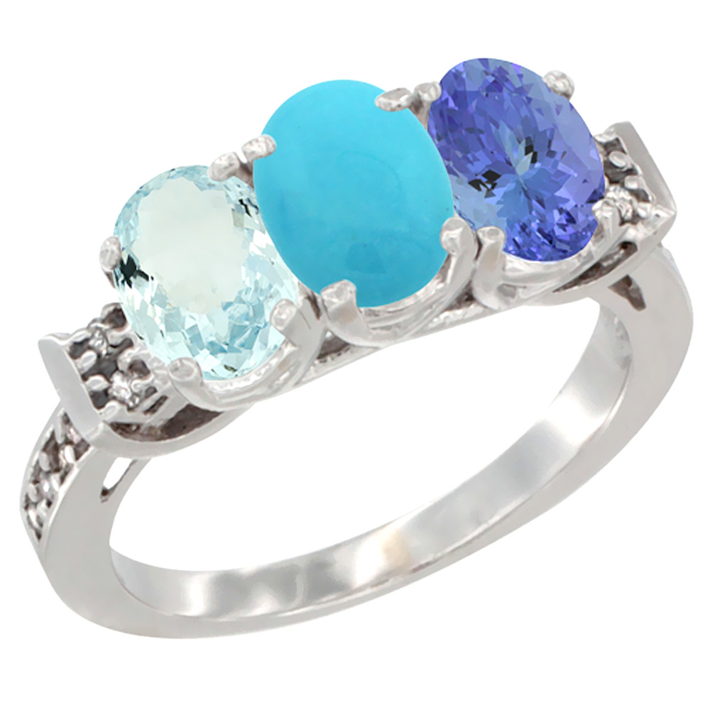 10K White Gold Natural Aquamarine, Turquoise &amp; Tanzanite Ring 3-Stone Oval 7x5 mm Diamond Accent, sizes 5 - 10