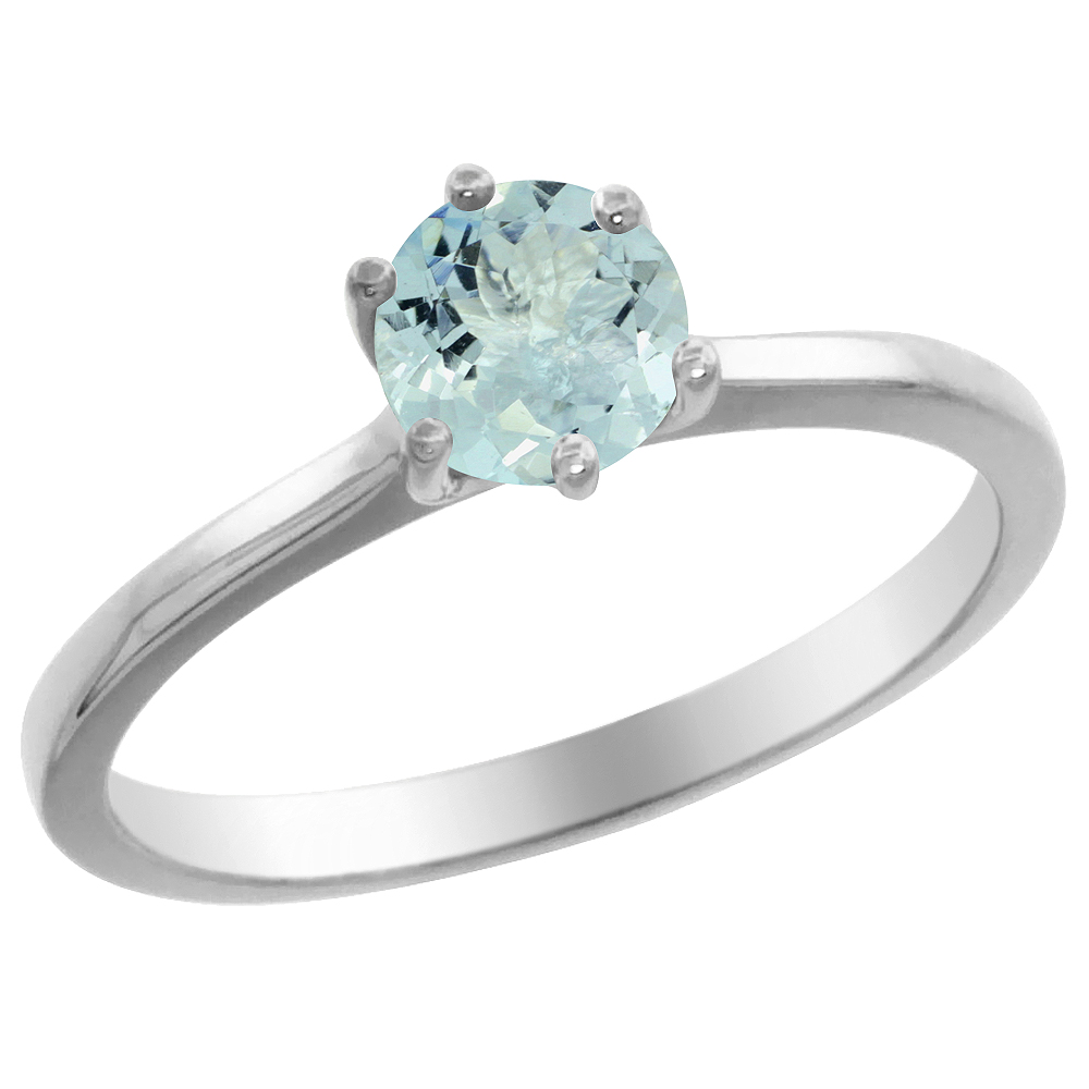 14K White Gold Natural Aquamarine Solitaire Ring Round 6mm, sizes 5 - 10