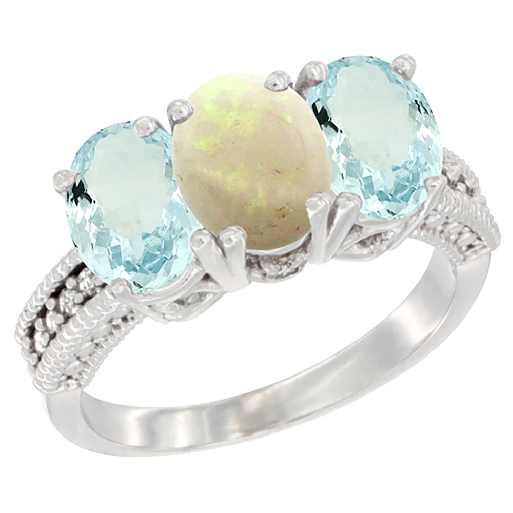 14K White Gold Natural Opal & Aquamarine Sides Ring 3-Stone Oval 7x5 mm Diamond Accent, sizes 5 - 10