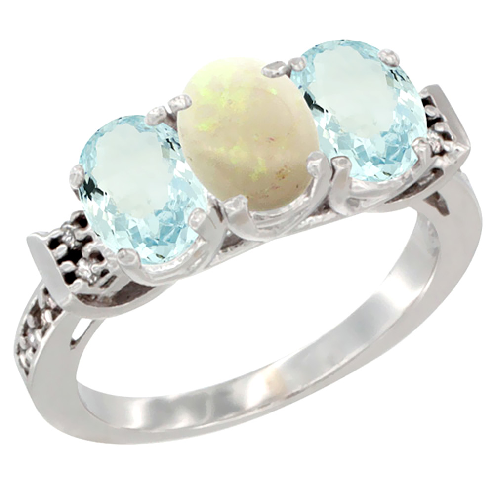 14K White Gold Natural Opal &amp; Aquamarine Sides Ring 3-Stone Oval 7x5 mm Diamond Accent, sizes 5 - 10