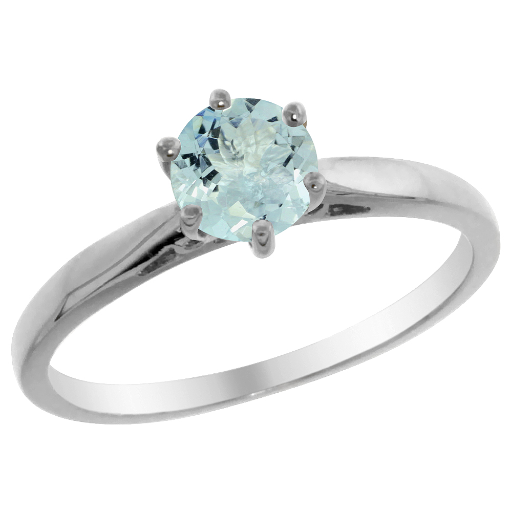 14K White Gold Natural Aquamarine Solitaire Ring Round 5mm, sizes 5 - 10