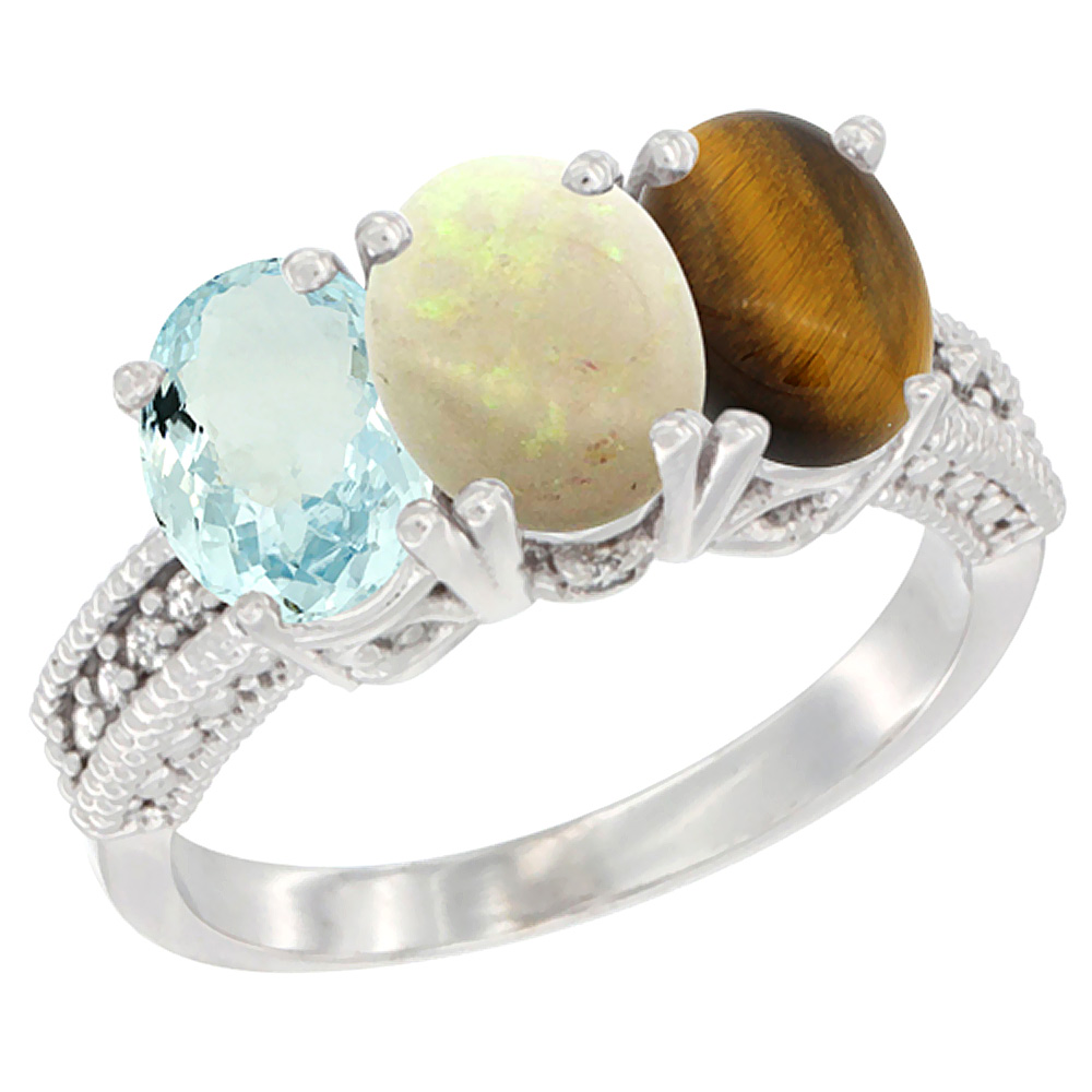 10K White Gold Natural Aquamarine, Opal &amp; Tiger Eye Ring 3-Stone Oval 7x5 mm Diamond Accent, sizes 5 - 10