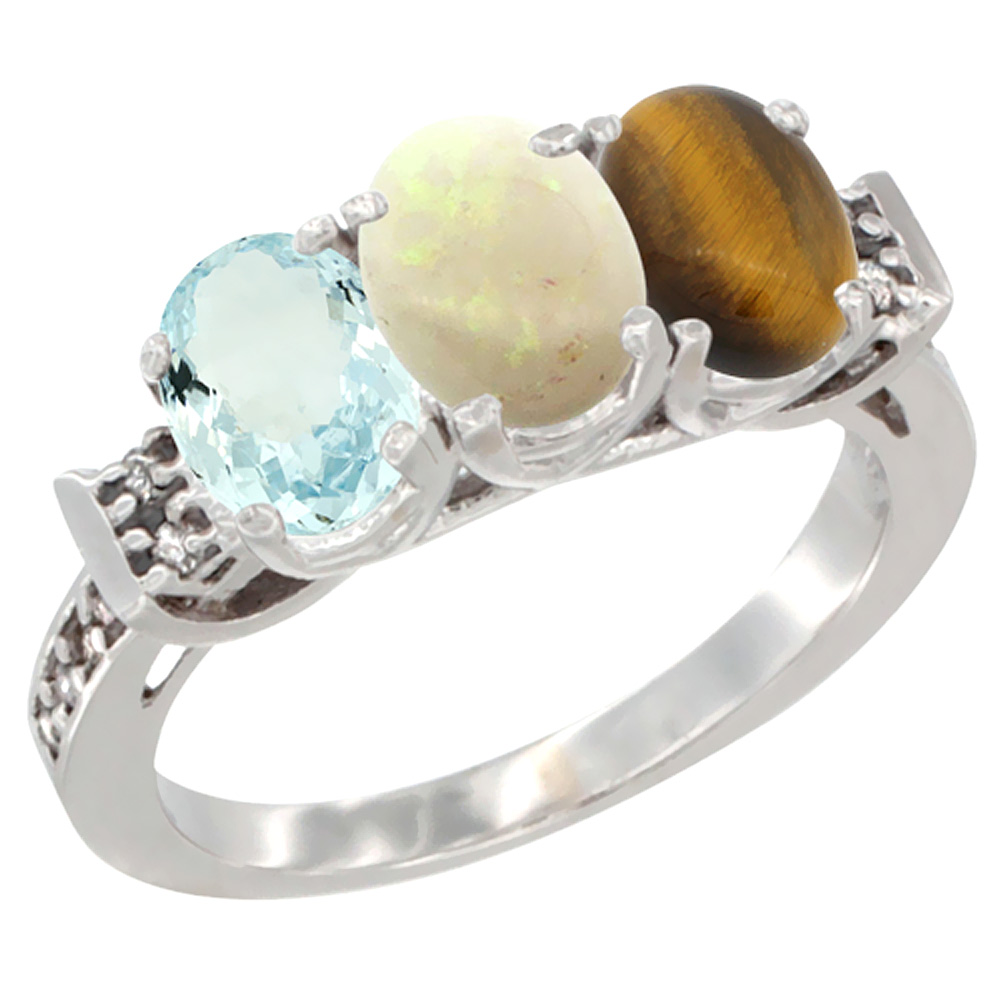 10K White Gold Natural Aquamarine, Opal & Tiger Eye Ring 3-Stone Oval 7x5 mm Diamond Accent, sizes 5 - 10