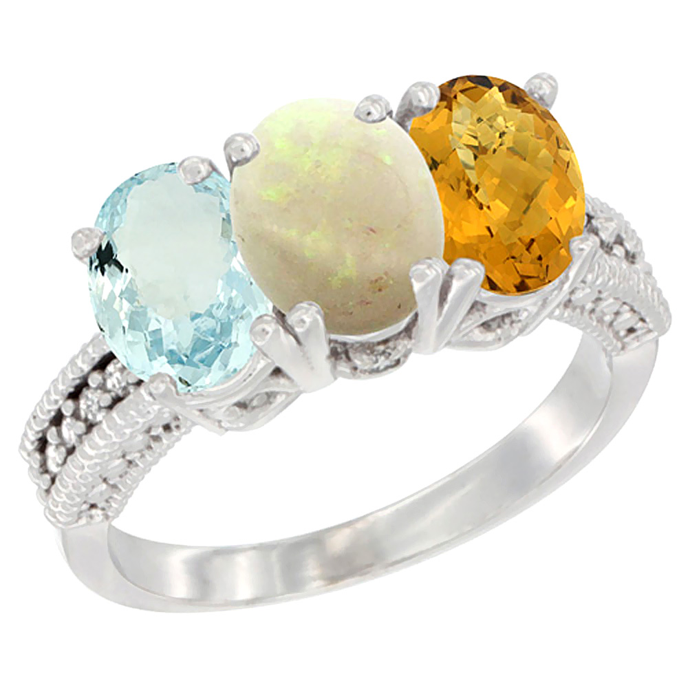 14K White Gold Natural Aquamarine, Opal & Whisky Quartz Ring 3-Stone Oval 7x5 mm Diamond Accent, sizes 5 - 10