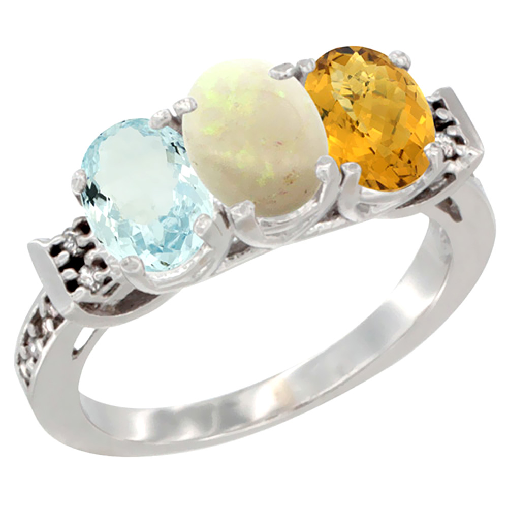 10K White Gold Natural Aquamarine, Opal &amp; Whisky Quartz Ring 3-Stone Oval 7x5 mm Diamond Accent, sizes 5 - 10