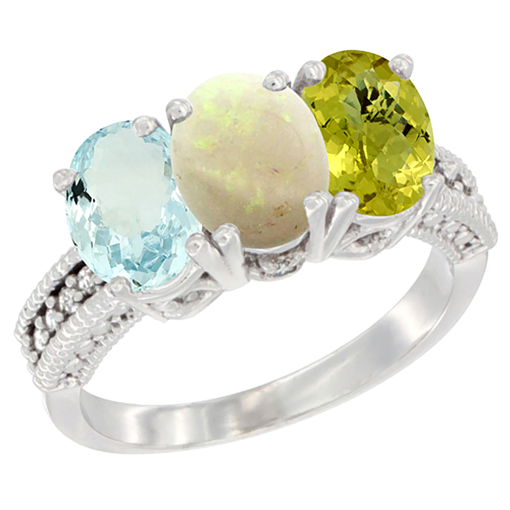 10K White Gold Natural Aquamarine, Opal &amp; Lemon Quartz Ring 3-Stone Oval 7x5 mm Diamond Accent, sizes 5 - 10