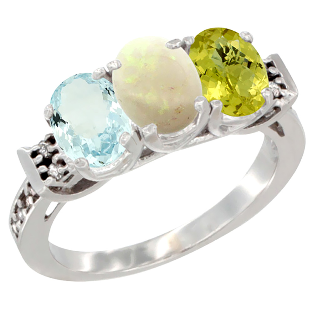 10K White Gold Natural Aquamarine, Opal & Lemon Quartz Ring 3-Stone Oval 7x5 mm Diamond Accent, sizes 5 - 10