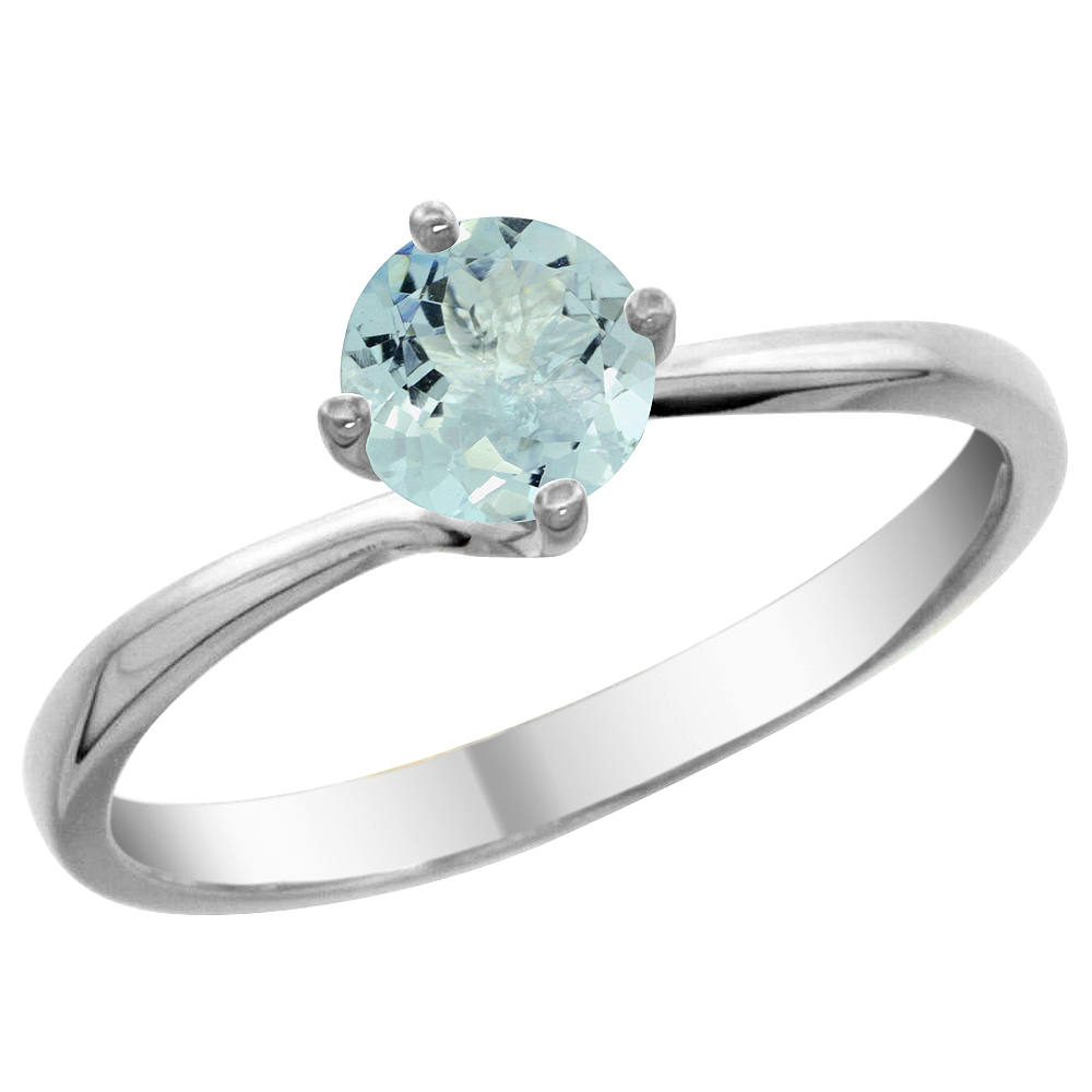 14K White Gold Natural Aquamarine Solitaire Ring Round 6mm, sizes 5 - 10