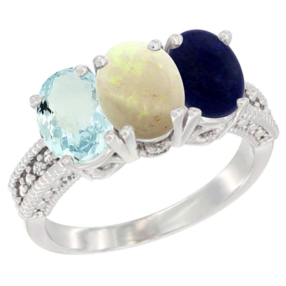 14K White Gold Natural Aquamarine, Opal &amp; Lapis Ring 3-Stone Oval 7x5 mm Diamond Accent, sizes 5 - 10