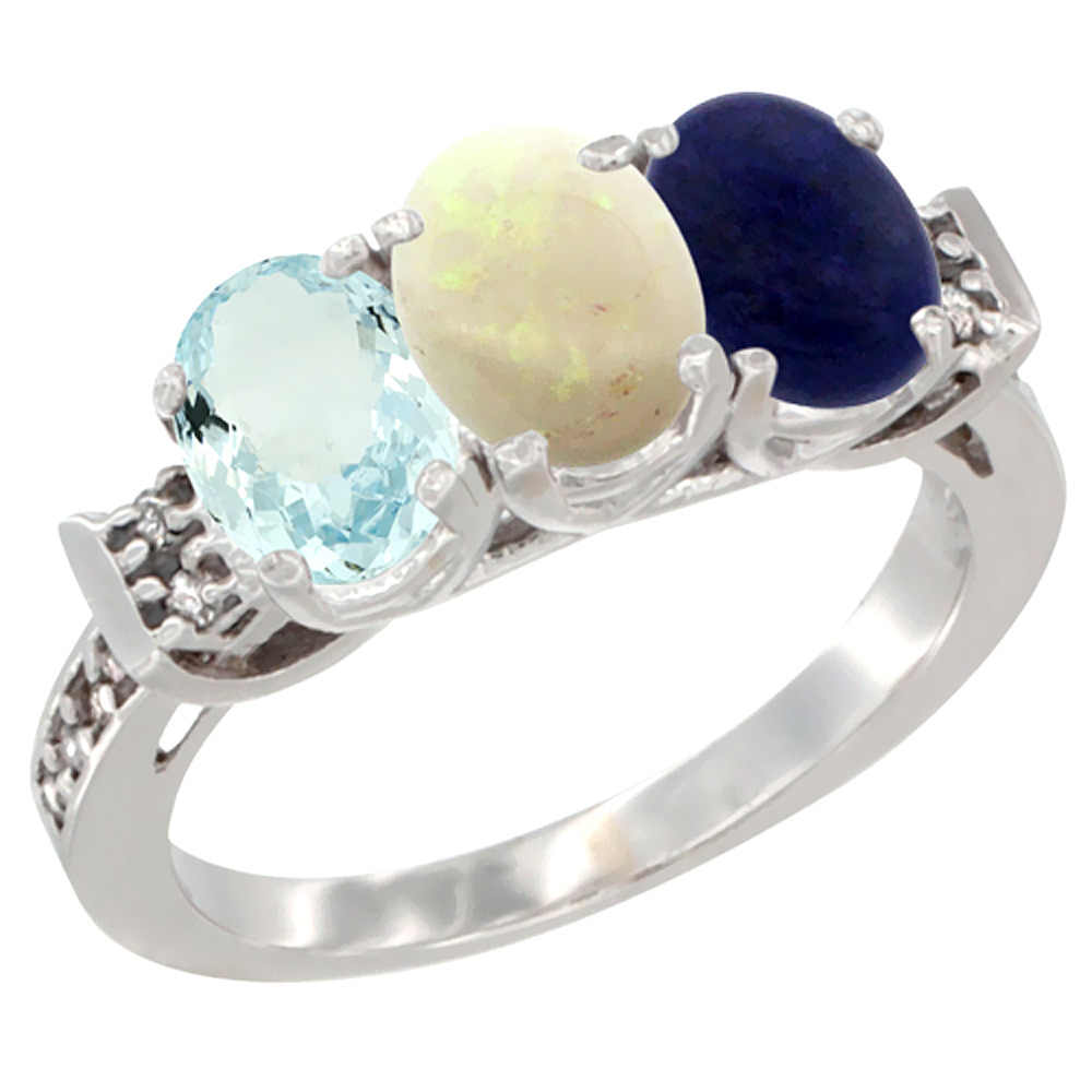 10K White Gold Natural Aquamarine, Opal & Lapis Ring 3-Stone Oval 7x5 mm Diamond Accent, sizes 5 - 10