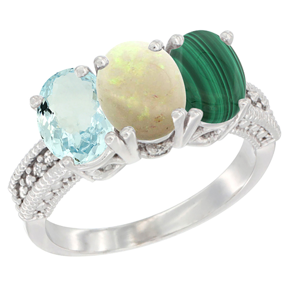 10K White Gold Natural Aquamarine, Opal &amp; Malachite Ring 3-Stone Oval 7x5 mm Diamond Accent, sizes 5 - 10