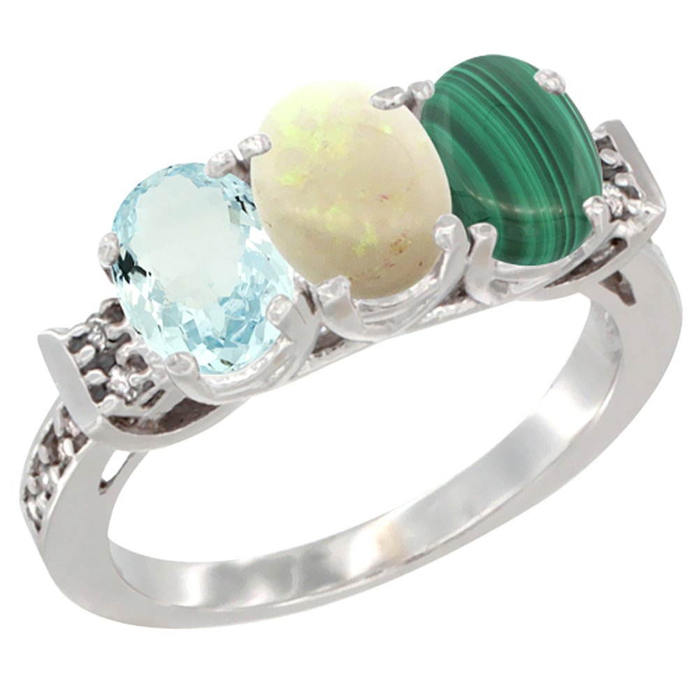 10K White Gold Natural Aquamarine, Opal &amp; Malachite Ring 3-Stone Oval 7x5 mm Diamond Accent, sizes 5 - 10