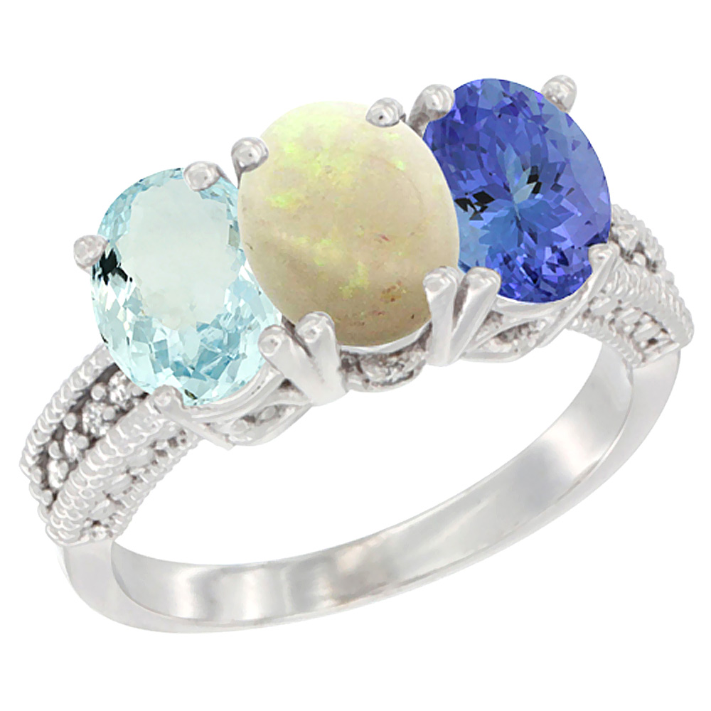 10K White Gold Natural Aquamarine, Opal &amp; Tanzanite Ring 3-Stone Oval 7x5 mm Diamond Accent, sizes 5 - 10