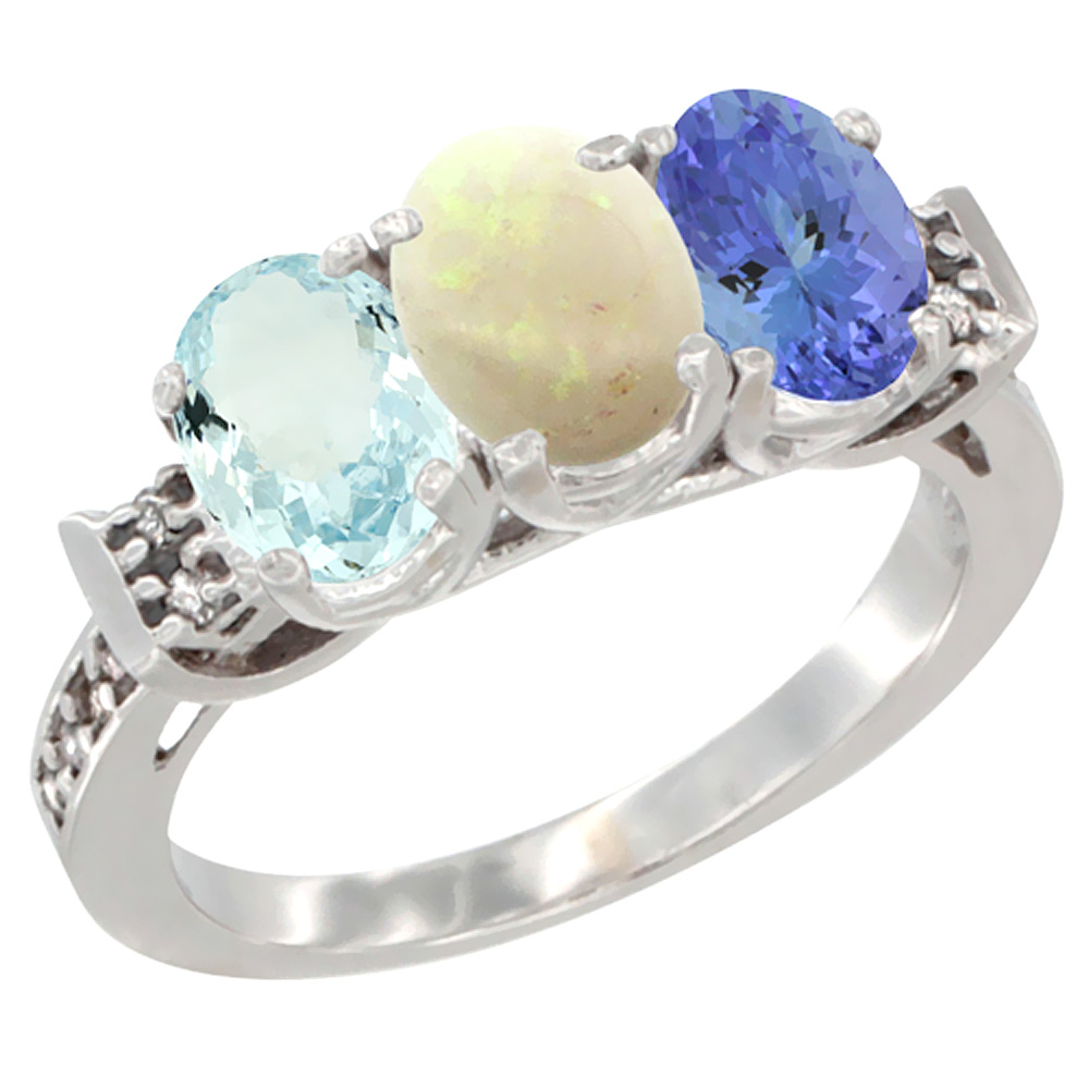 10K White Gold Natural Aquamarine, Opal &amp; Tanzanite Ring 3-Stone Oval 7x5 mm Diamond Accent, sizes 5 - 10