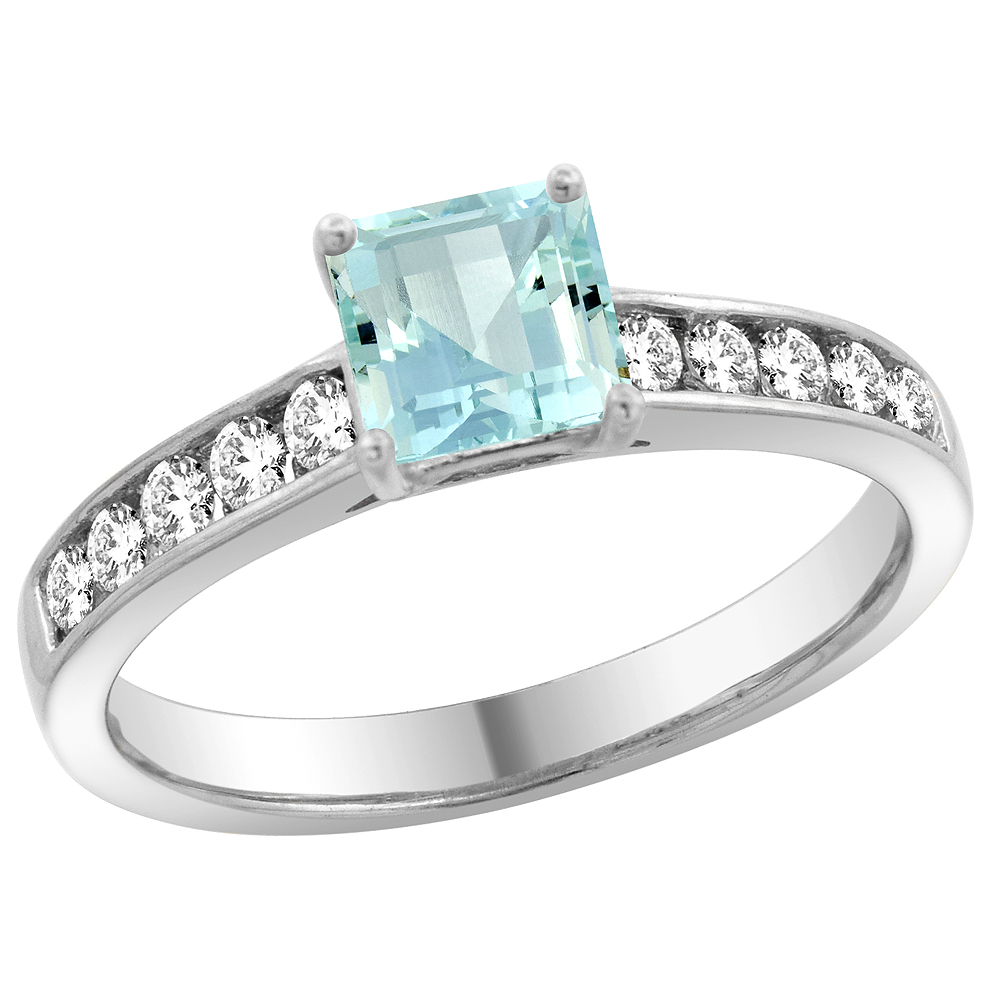 14K White Gold Natural Aquamarine Engagement Ring Princess cut 5mm, sizes 5 - 10