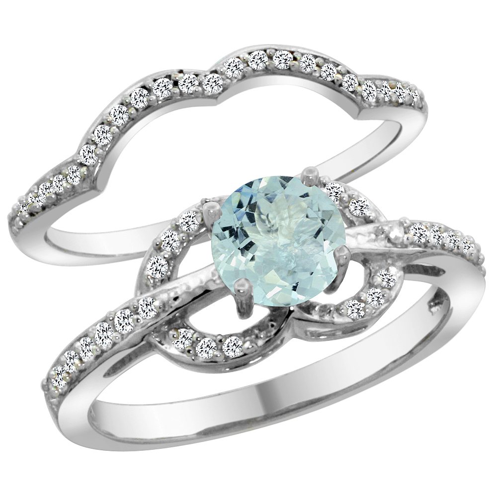 14K White Gold Natural Aquamarine 2-piece Engagement Ring Set Round 6mm, sizes 5 - 10