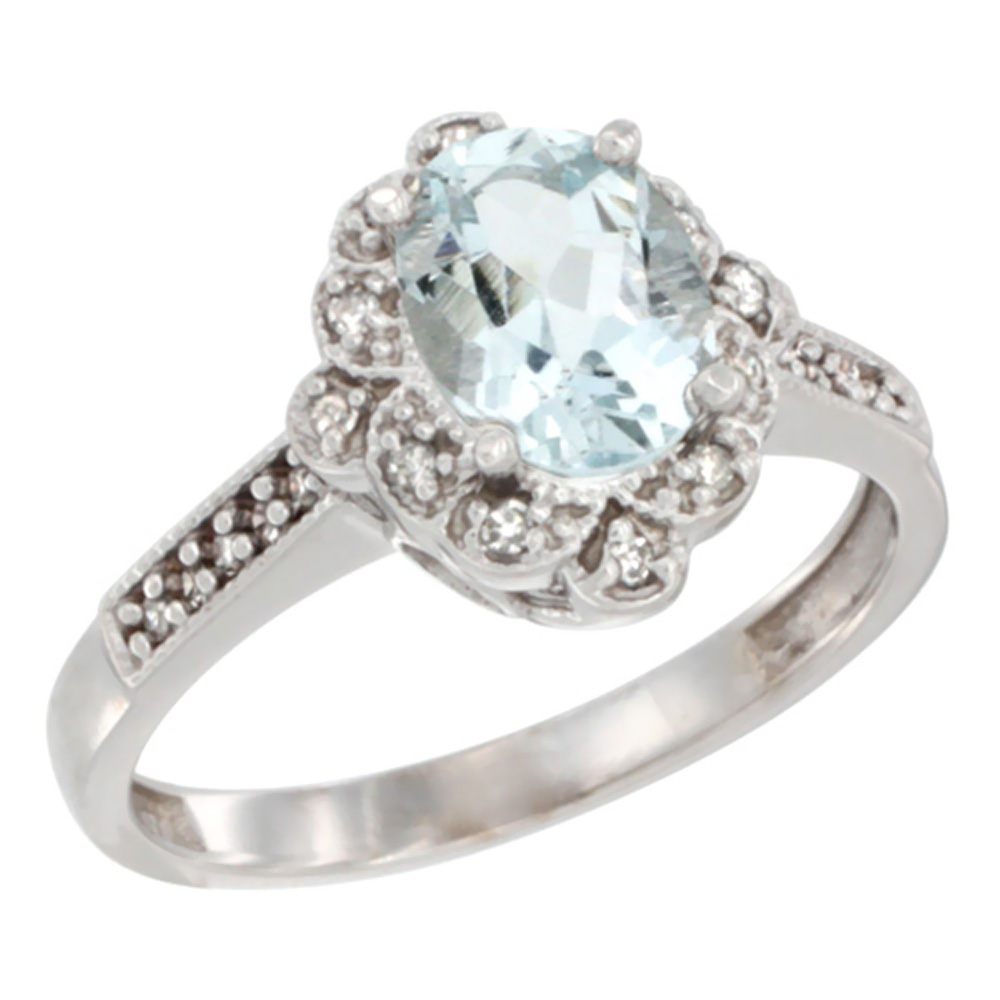 14K White Gold Natural Aquamarine Ring Oval 8x6 mm Floral Diamond Halo, sizes 5 - 10