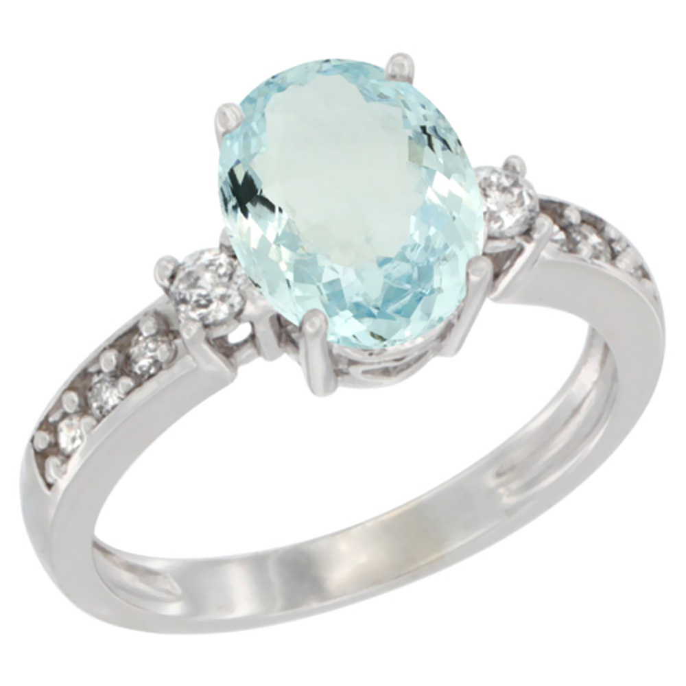 14K Yellow Gold Natural Aquamarine Ring Oval 9x7 mm Diamond Accent, sizes 5 - 10