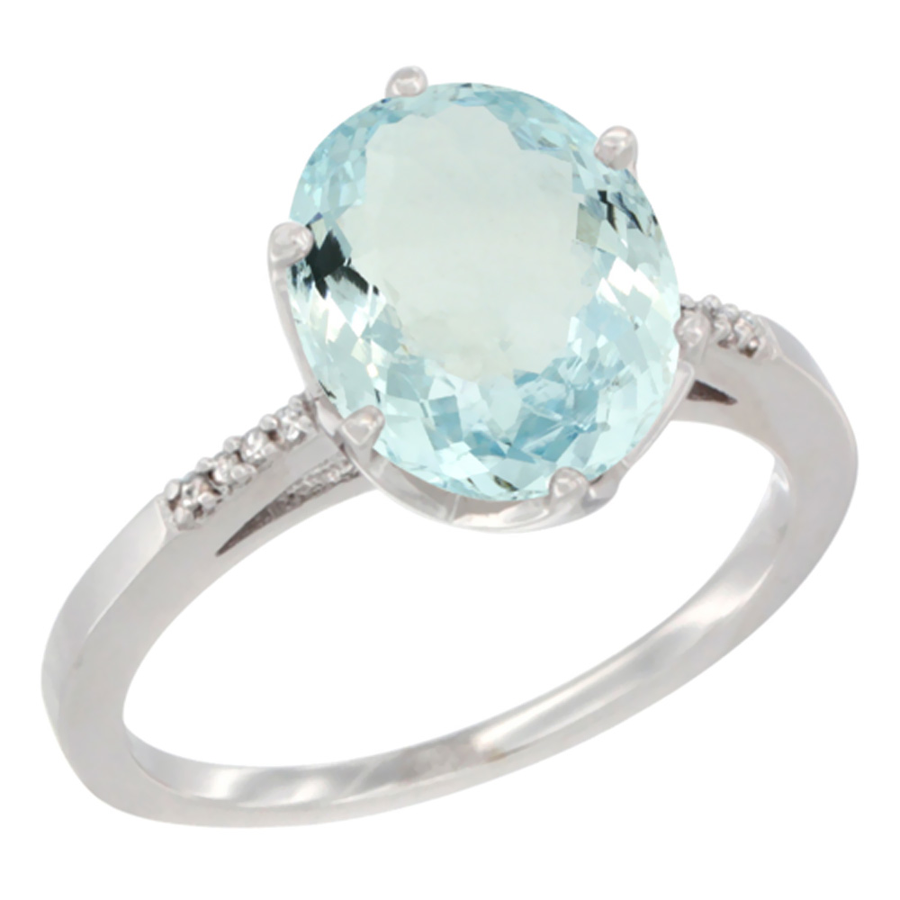 10K White Gold Natural Aquamarine Engagement Ring 10x8 mm Oval, sizes 5 - 10