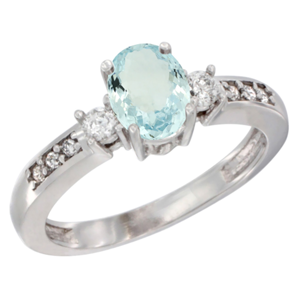 14K White Gold Diamond Natural Aquamarine Engagement Ring Oval 7x5 mm, sizes 5 - 10