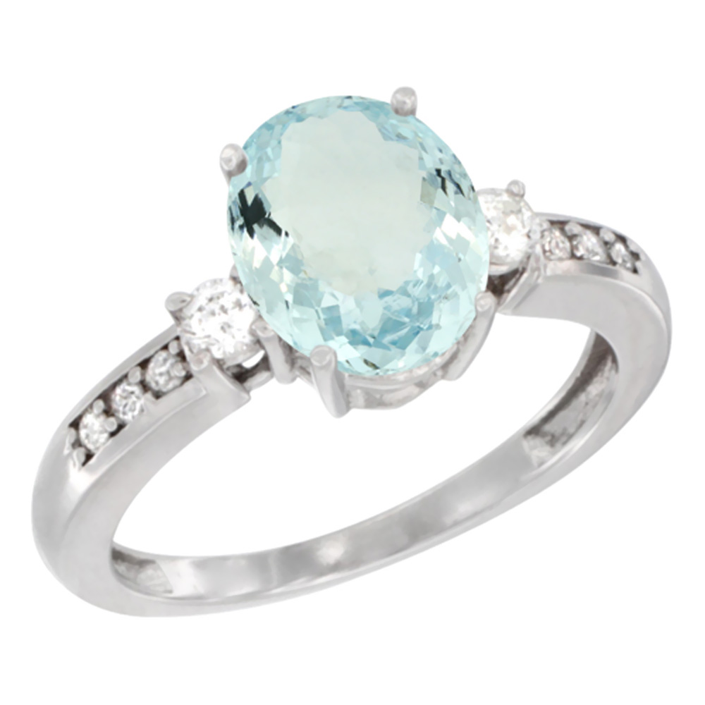 14K White Gold Natural Aquamarine Ring Oval 9x7 mm Diamond Accent, sizes 5 - 10