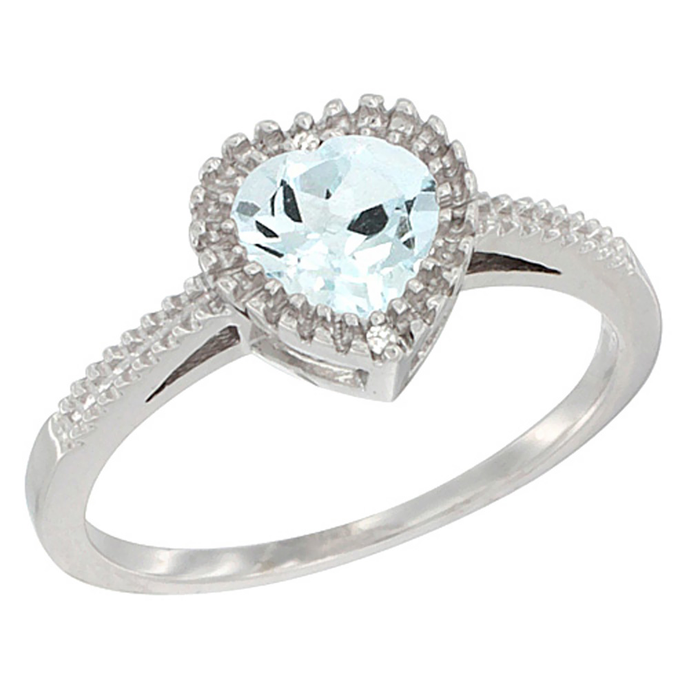 14K White Gold Natural Aquamarine Ring Heart 6x6 mm, sizes 5 - 10