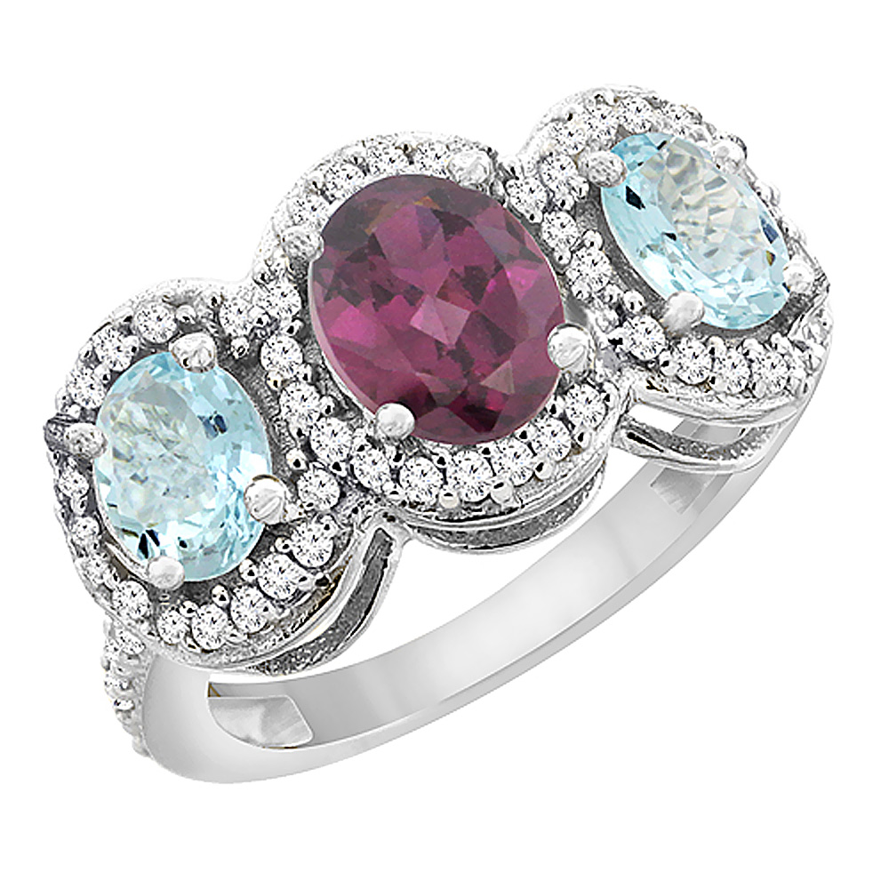 10K White Gold Natural Rhodolite &amp; Aquamarine 3-Stone Ring Oval Diamond Accent, sizes 5 - 10