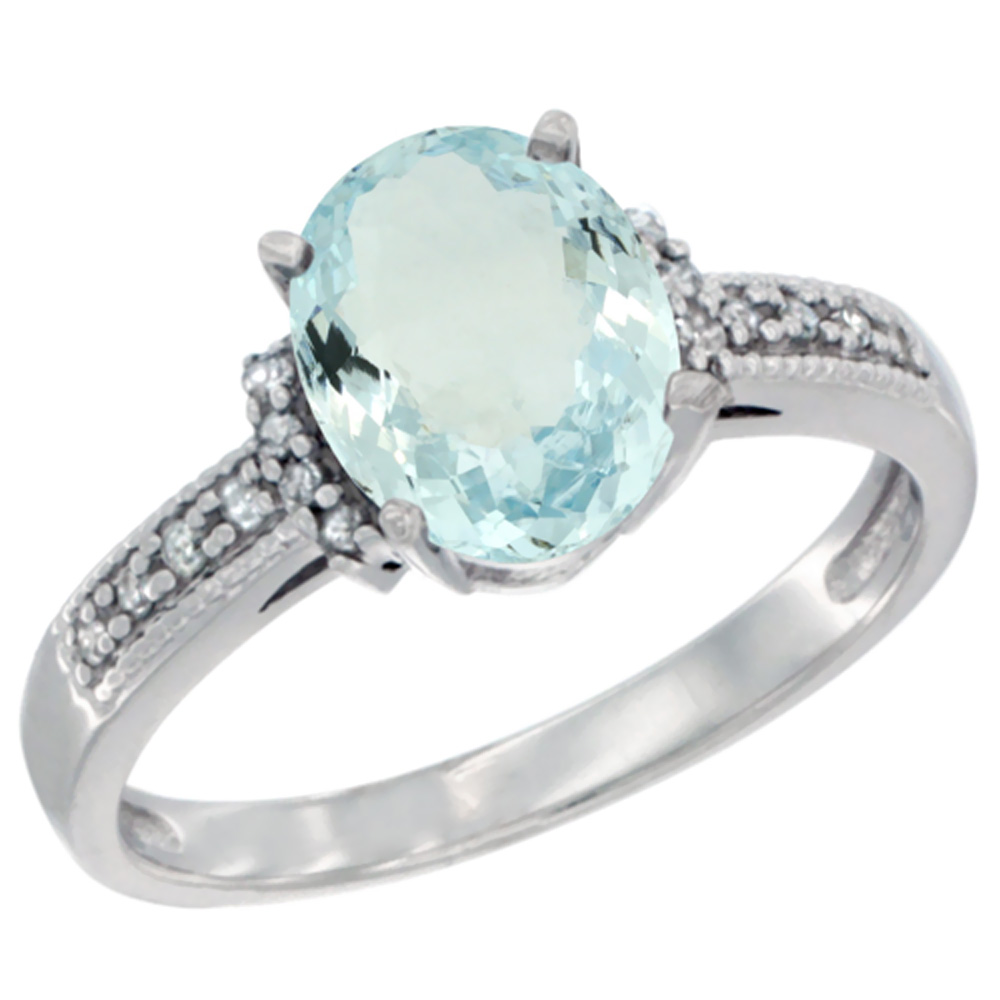 14K Yellow Gold Natural Aquamarine Ring Oval 9x7 mm Diamond Accent, sizes 5 - 10