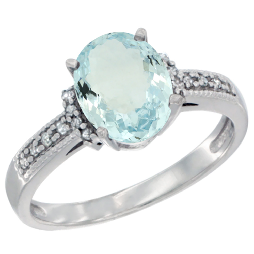 10K White Gold Natural Aquamarine Ring Oval 9x7 mm Diamond Accent, sizes 5 - 10