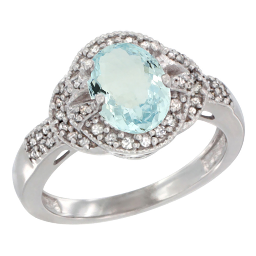 10K White Gold Natural Aquamarine Ring Oval 8x6 mm Diamond Accent, sizes 5 - 10