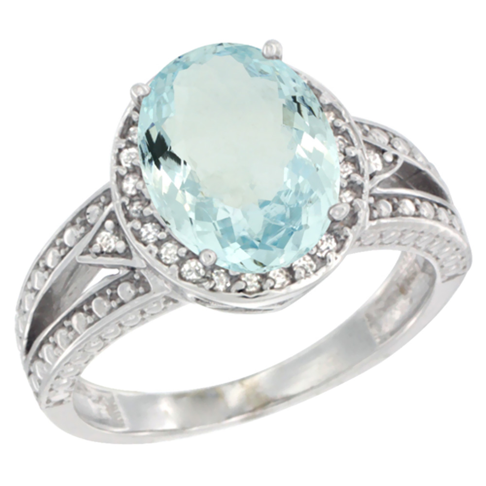 10k White Gold Natural Aquamarine Ring Oval 9x7 mm Diamond Halo, sizes 5 - 10