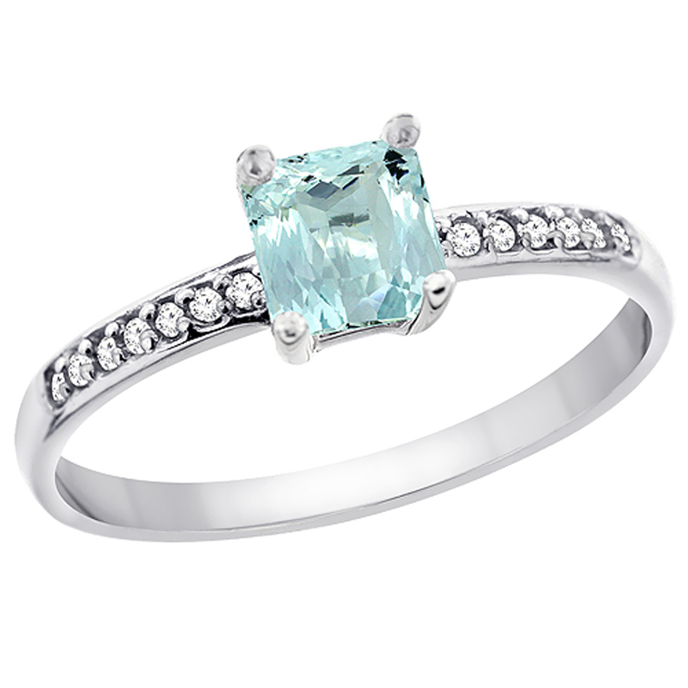 14K White Gold Natural Aquamarine Ring Octagon 7x5 mm Diamond Accents