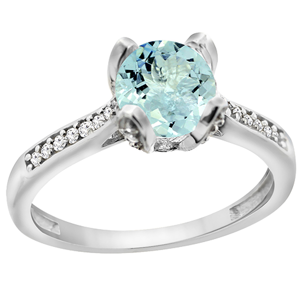 14K Yellow Gold Diamond Natural Aquamarine Engagement Ring Round 7mm, sizes 5 to 10 with half sizes