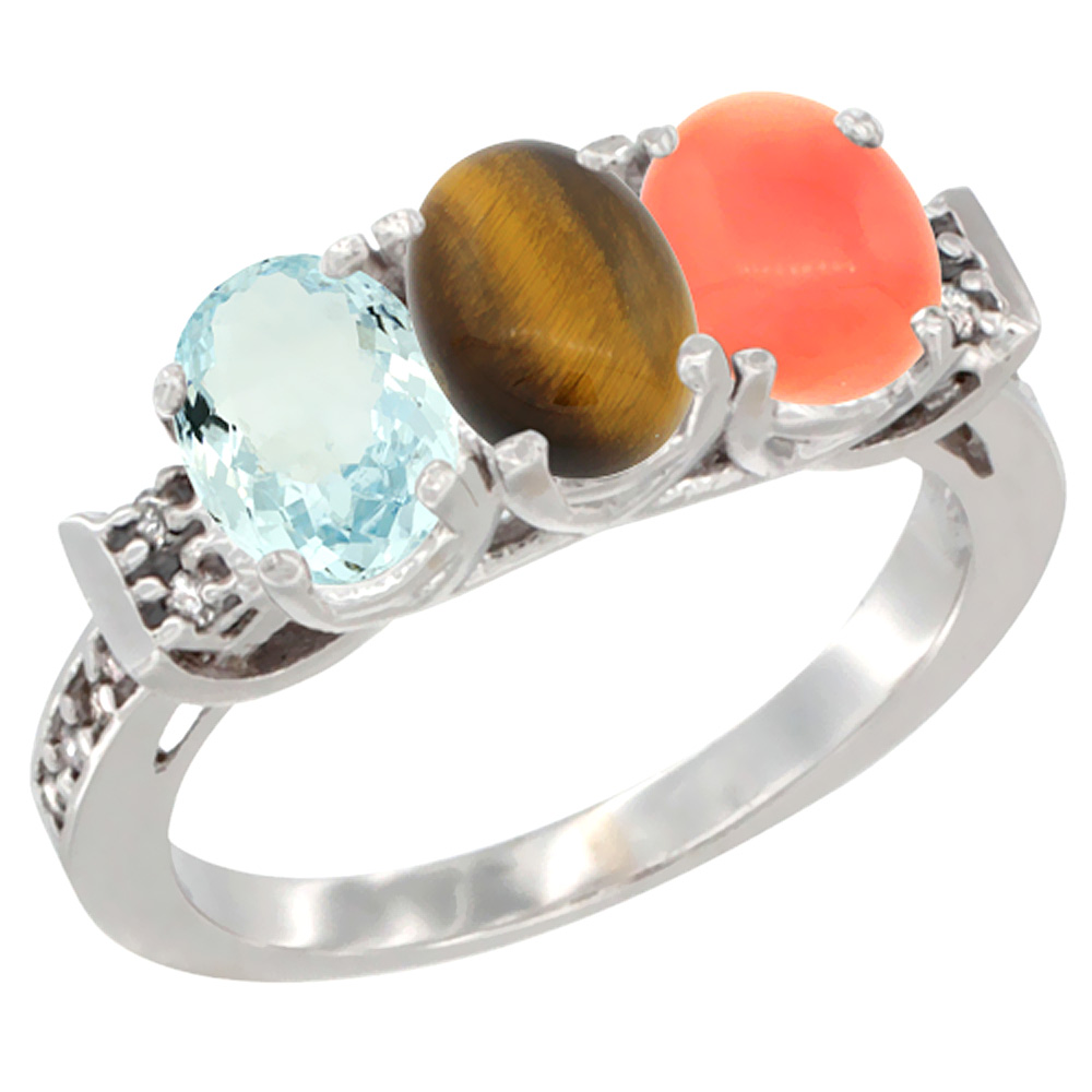 10K White Gold Natural Aquamarine, Tiger Eye & Coral Ring 3-Stone Oval 7x5 mm Diamond Accent, sizes 5 - 10