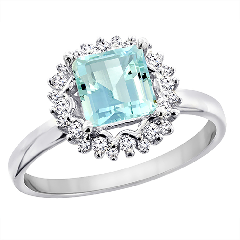 14K White Gold Natural Aquamarine Ring Square 6x6 mm Diamond Accents, sizes 5 - 10