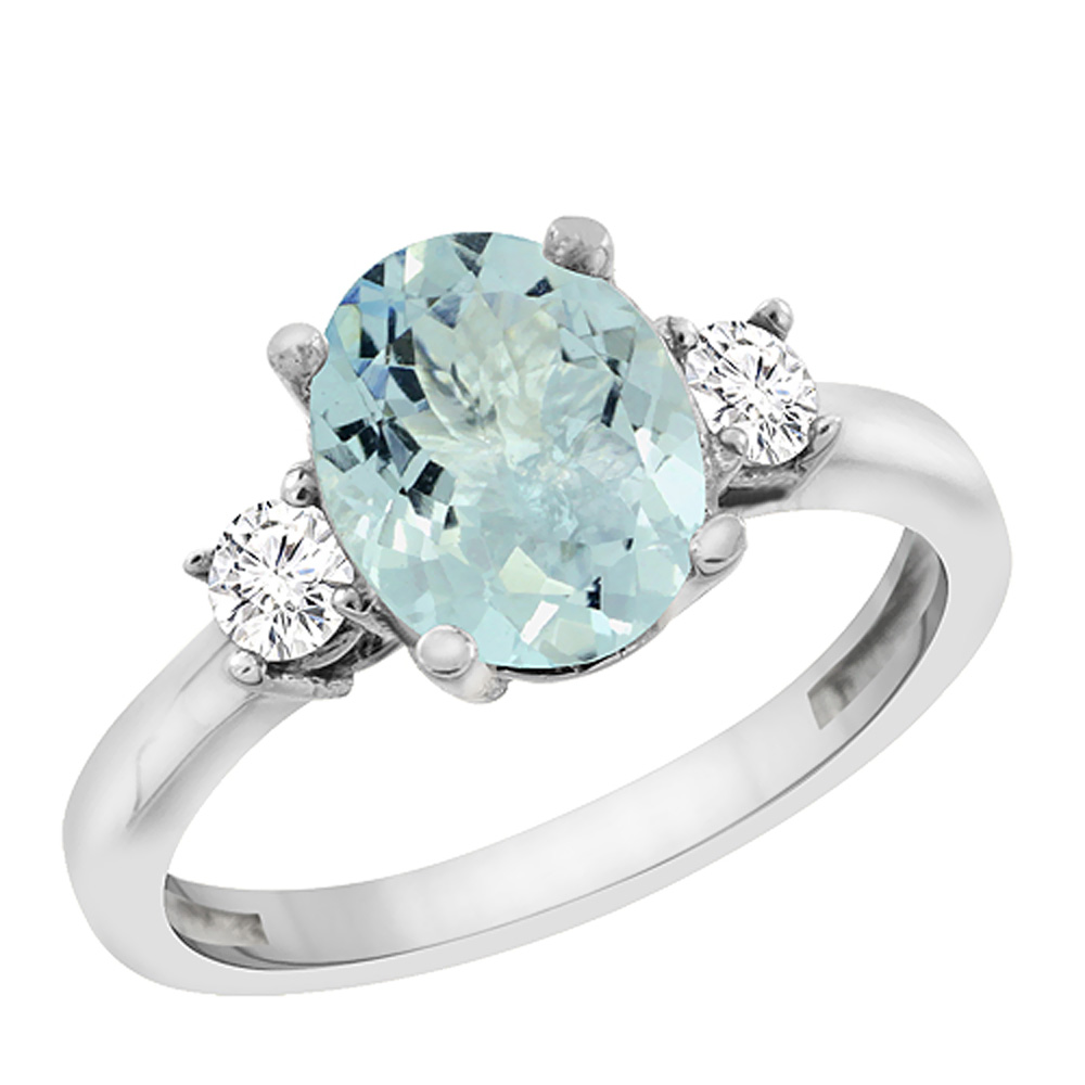 10K White Gold Natural Aquamarine Engagement Ring Oval 10x8 mm Diamond Sides, sizes 5 - 10