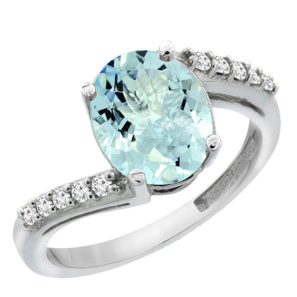 10K White Gold Diamond Natural Aquamarine Engagement Ring Oval 10x8mm, sizes 5-10