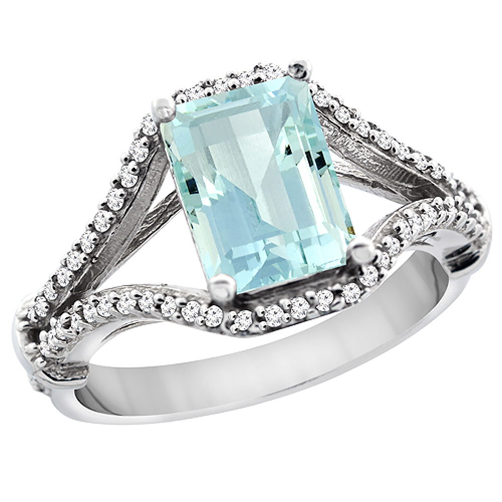 10K White Gold Natural Aquamarine Ring Octagon 8x6 mm with Diamond Accents, sizes 5 - 10