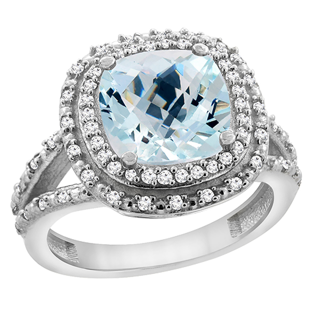 10K White Gold Natural Aquamarine Ring Cushion 8x8 mm with Diamond Accents, sizes 5 - 10