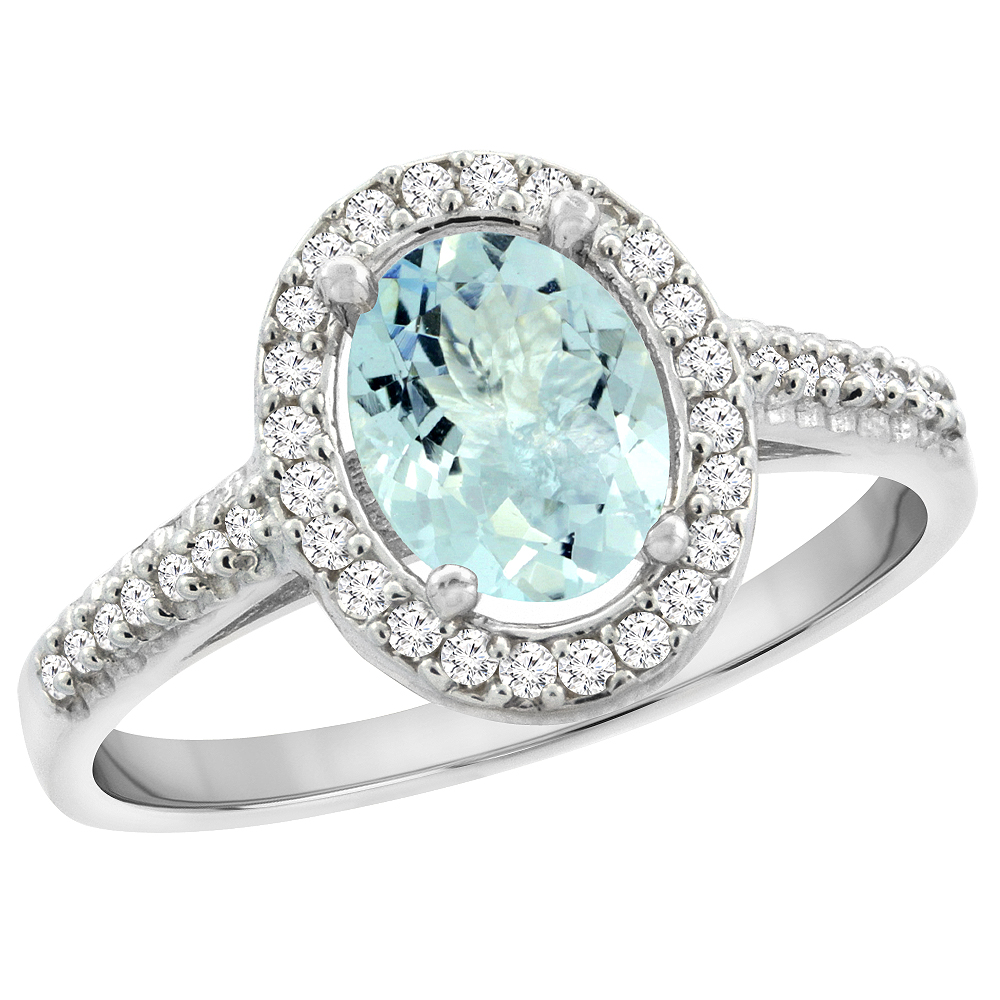 14K White Gold Natural Aquamarine Engagement Ring Oval 7x5 mm Diamond Halo, sizes 5 - 10